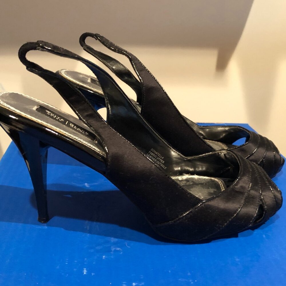 White House Black Market Donatella Black Heels WHBM Strappy Peep Toe 9.5M 9 1/2